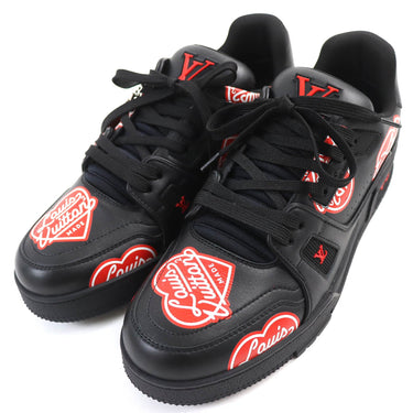 LOUIS VUITTON sneakers Main: Leather Black red LV trainer line mens 7.5 Used Authentic